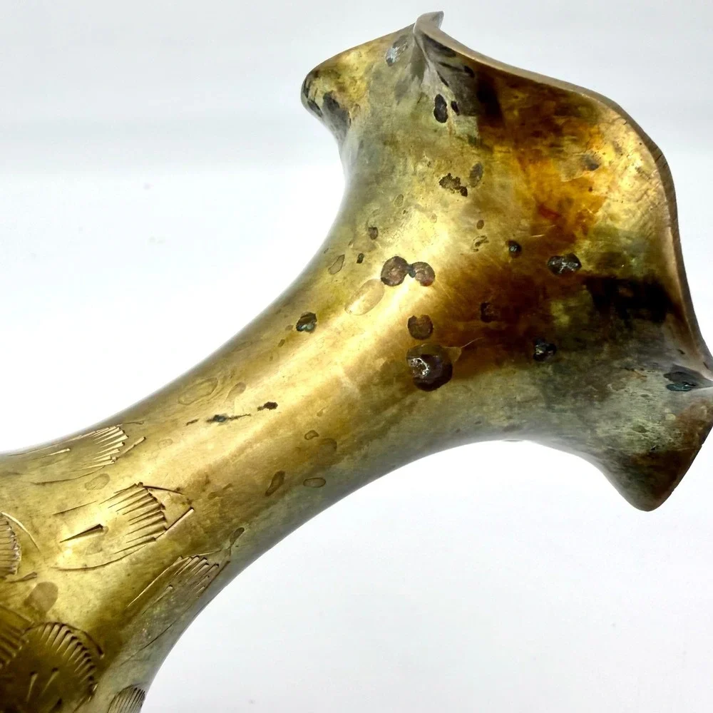 Vintage Etched Brass‎ Vase 10in Pedestal Fluted Rim Botanical Leaf Pattern